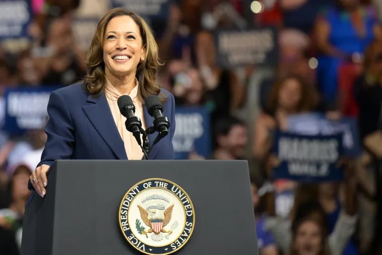 Vice President Kamala Harris speaks at a rally in Philadelphia's Liacouras Center on August 6, 2024.