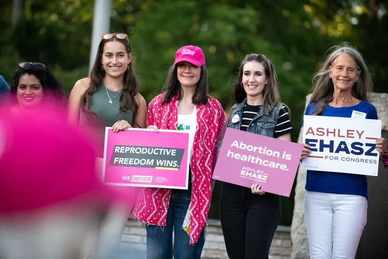 (From left) Dr. Anusha Viswanathan, Robin Reid, Eleanor Breslin, Ashley Ehasz, and Vera Cole pose for a photo after the Upper Bucks Rally for our Rights hosted by Pennridge Democrats in June. Ehasz is a candidate for Congress, while Cole is running for Pennsylvania House.