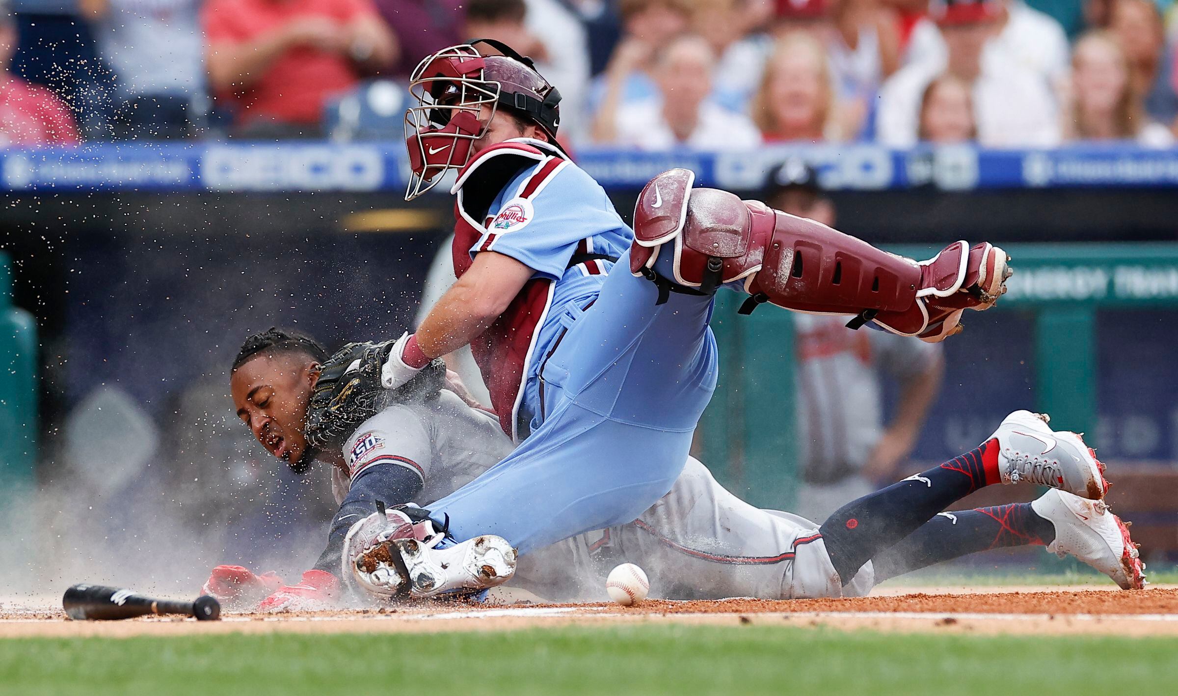 Dansby Swanson of the Atlanta Braves after sliding into third