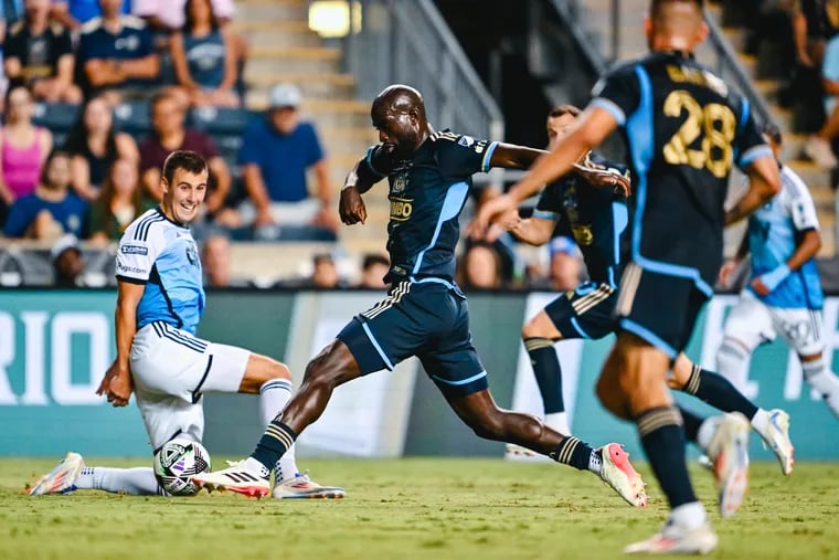 Sam Adeniran on the ball during the Union's Leagues Cup win over Charlotte FC at Subaru Park on Sunday.