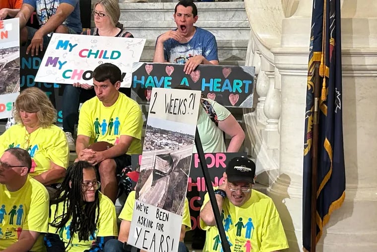 Families, providers, and people with disabilities gather on the Capitol steps in Harrisburg on June 28 to lobby for more state funding for disabilities programs. A sign with a photo of the I-95 bridge collapse reads, "2 weeks?! We've been asking for years!"