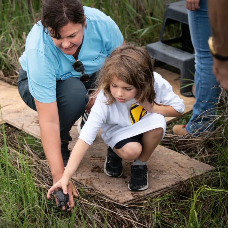 Lisa Ferguson, director of research and conservation at the Wetlands Institute, teaches kindergarteners from Stone Harbor School about diamondback terrapins, as the kindergarteners release them into nearby marshes as part of a program by the Wetlands Institute and Stockton University.