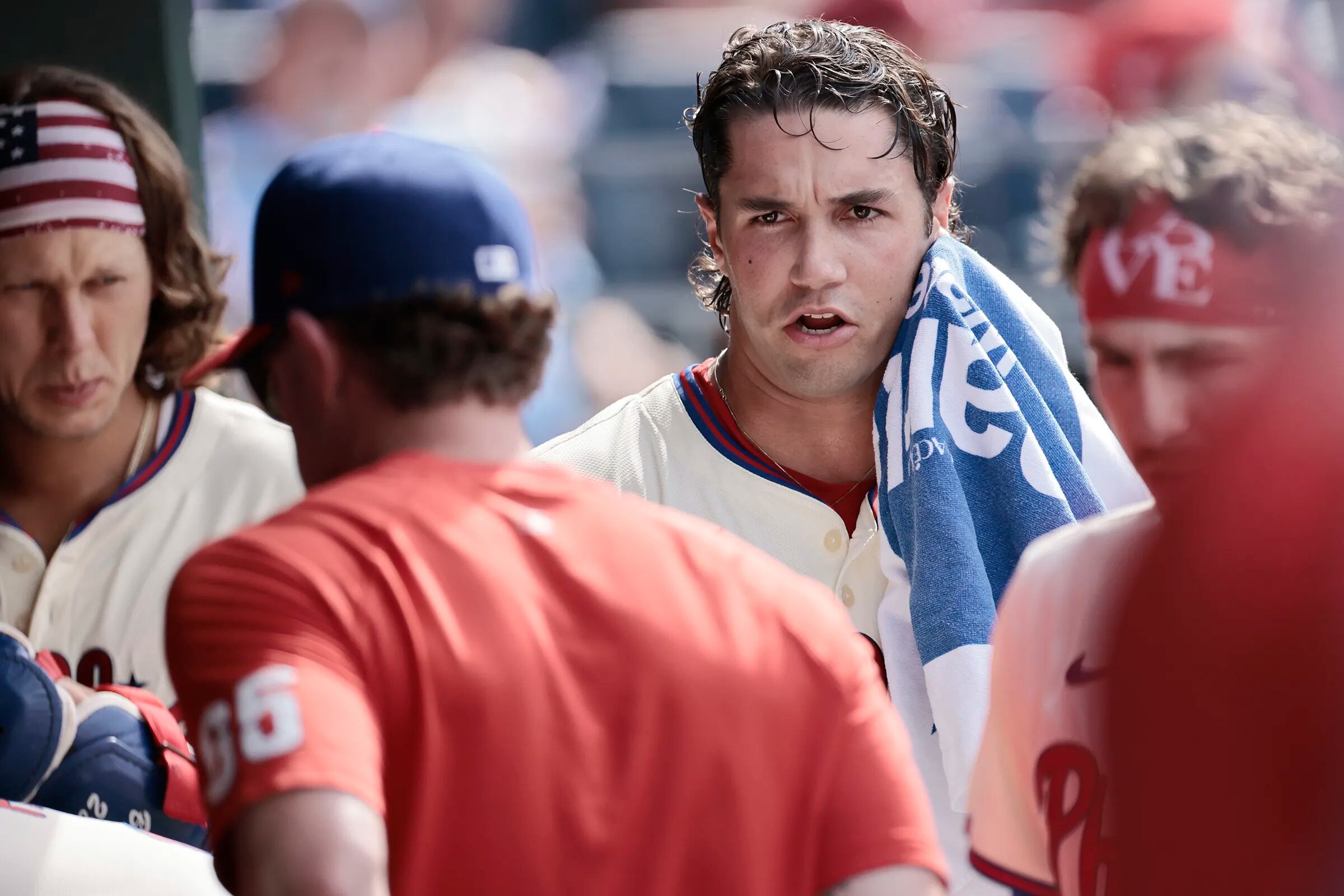 Phillies pitcher Tyler Phillips wipes off sweat during the Oakland Athletics vs. Philadelphia Phillies MLB game at Citizens Bank Park in Philadelphia on Saturday, July 13, 2024.