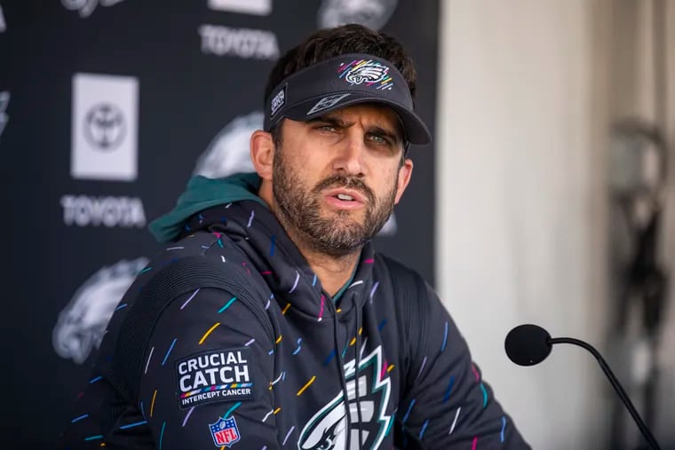 Eagles Coach Nick Sirianni speaks with the media during a press conference Wednesday at the NovaCare Complex.