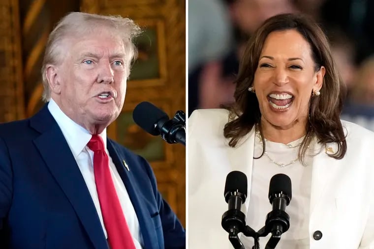 Republican presidential nominee former President Donald Trump speaks to reporters during a news conference, Aug. 8, 2024, in Palm Beach, Fla., left, and Democratic presidential nominee Vice President Kamala Harris speaks at a campaign rally, Aug. 7, 2024, in Romulus, Mich. (AP Photo)