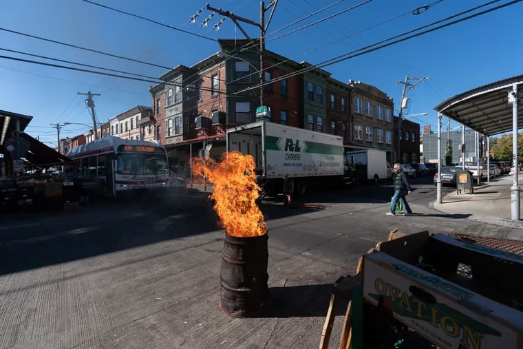 A barrel used for heat on 9th Street, in Philadelphia, Thursday, October 17, 2024.