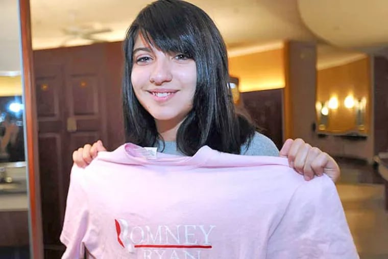 Samantha Pawlucy of Philadelphia with her Romney shirt. Her parents have sued the teacher and School District. SHARON GEKOSKI-KIMMEL / File Photograph
