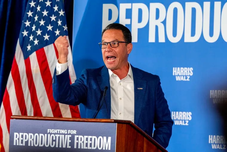 Gov. Josh Shapiro headlines a reproductive rights rally for Vice President Harris at the Independence Visitor Center Sunday, Sept. 15, 2024, before the campaign’s national “Fighting for Reproductive Freedom” bus departs on a tour across Pennsylvania.