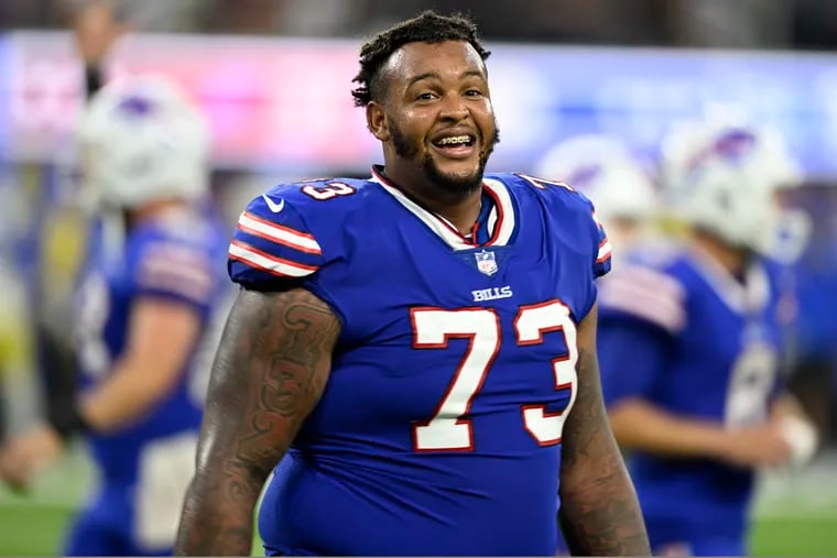 Buffalo Bills offensive tackle Dion Dawkins (73) will play his first game at Lincoln Financial Field since his days at Temple.