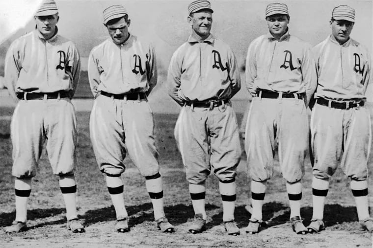 Members of Connie Mack's 1913 Philadelphia Athletics team that beat the New York Giants in the World Series. From left: Rube Oldring, Eddie Murphy, Danny Murphy, Amos Strunk, and Jimmy Walsh.