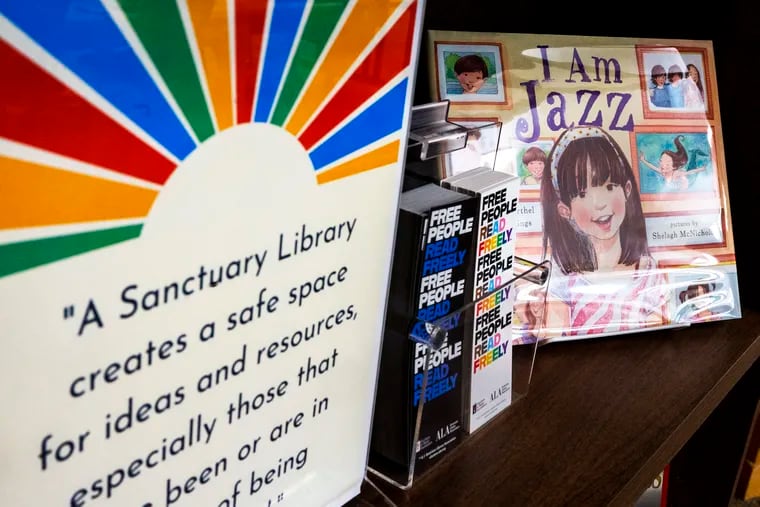 The sanctuary shelf of books that are among those often banned elsewhere, on display at the Moorestown Library, which has become the first book sanctuary in South Jersey under a growing movement in the state to protect book freedom.