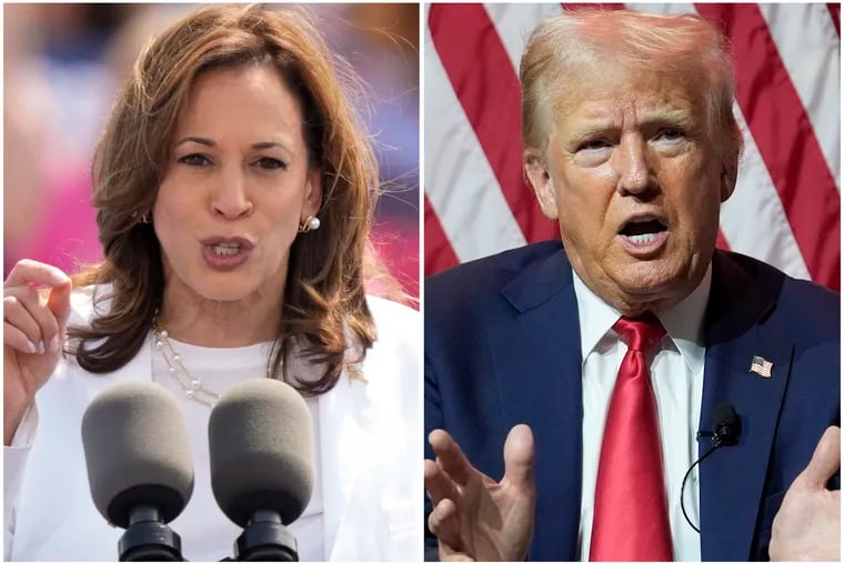 This combination of photos shows Vice President Kamala Harris, left, on Aug. 7, 2024 and Republican presidential candidate former President Donald Trump on July 31, 2024.