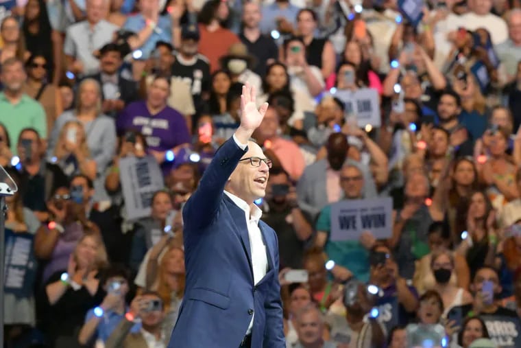 Josh Shapiro Gov. of Pennsylvania speaks during a rally for Democratic presidential nominee Kamala Harris and her running mate, Minnesota Gov. Tim Walz, at the Liacouras Center at Temple University in Philadelphia on Tuesday.