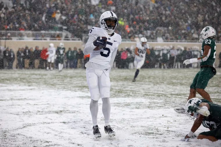Penn State receiver Jahan Dotson scores a touchdown against Michigan State in November.