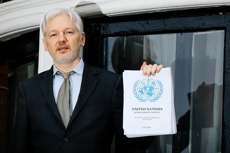 WikiLeaks founder Julian Assange speaks on the balcony of the Ecuadorean Embassy in London on Feb. 5, 2016.