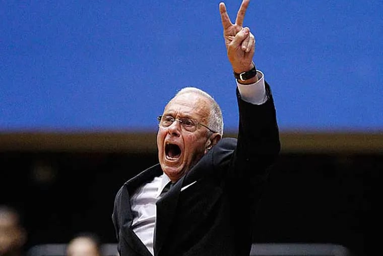 SMU head coach Larry Brown instructs his team during an NCAA college basketball game against Utah Wednesday, Nov. 28, 2012, in Dallas. (Tony Gutierrez/AP)