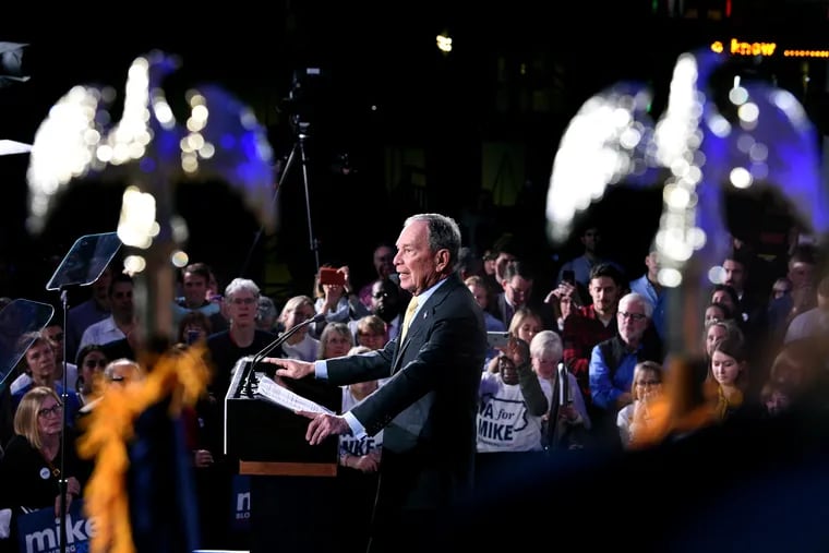 Democratic presidential candidate Mike Bloomberg appears at a campaign rally at the National Constitution Center on Tuesday night.