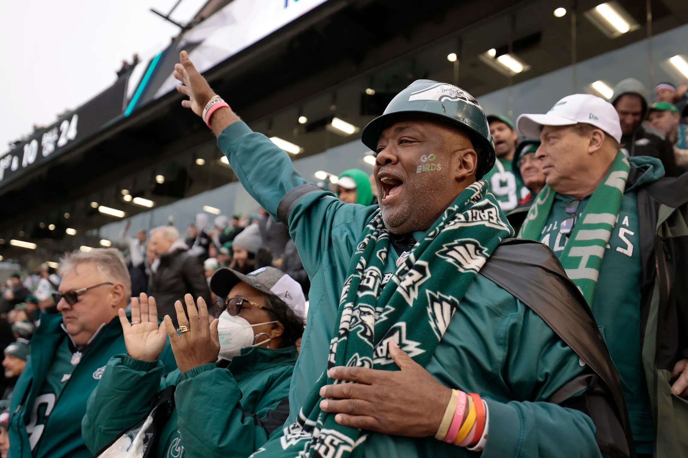 A Philadelphia Eagles fan cheers on his team during the game