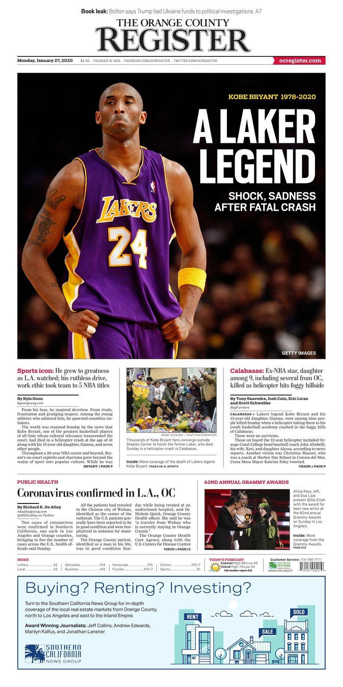 Kobe Bryant LA Times Newspaper Reprint Tribute 1/27/2020 Matted