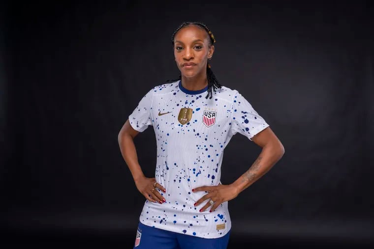 Crystal Dunn models the U.S. women's soccer team's new primary jersey for this year's women's World Cup.
