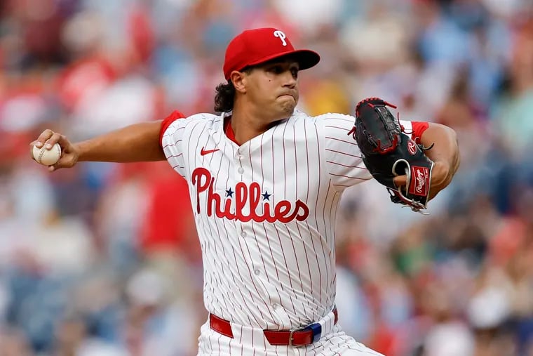 Phillies pitcher Tyler Phillips throws a first inning pitch against the Cleveland Guardians on July 27.