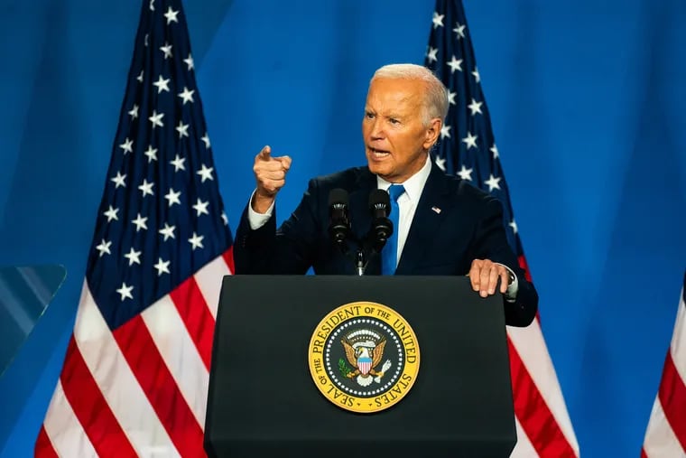 President Biden speaks at a news conference during NATO's 75th-anniversary summit in Washington on July 11.