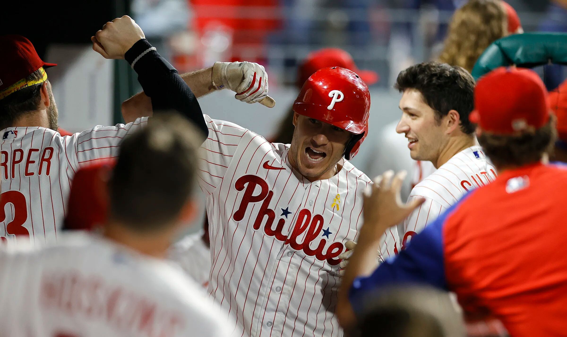 Philadelphia Phillies - J.T. Realmuto and Bryce Harper celebrating J.T.'s  home run.