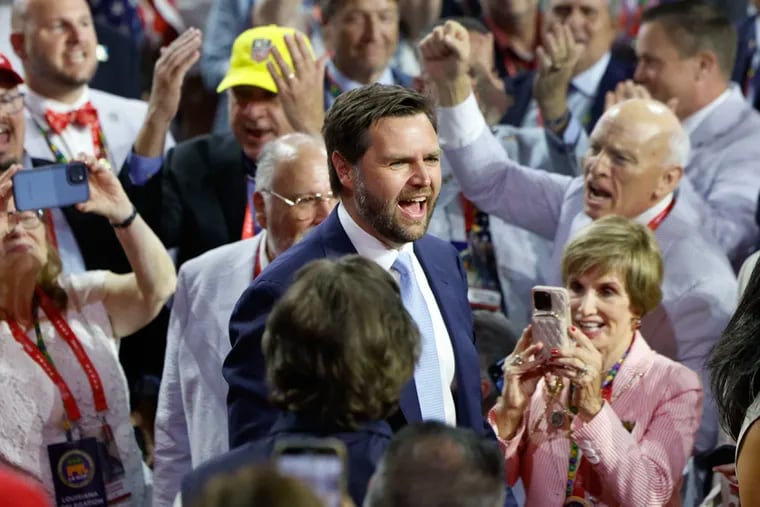 Republican vice presidential candidate Sen. JD Vance is introduced during the Republican National Convention Monday, July 15, 2024, in Milwaukee.