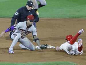 PHOENIX, AZ - JUNE 04: Arizona Diamondbacks catcher Gabriel Moreno (14)  comes in as catcher during a baseball game between the Atlanta Braves and  the Arizona Diamondbacks on June 4th, 2023, at