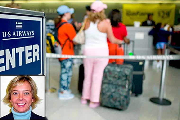 Travelers wait to check in at the Philadelphia airport in this file photo. Kathy Parker (inset) of Elkton, Md., says TSA screeners searched through receipts and checks in her wallet. (File)