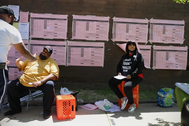 Tommy Blackwell (in white), Mark Harrell (in yellow), Janeene Robinson (in black) sitting outside William C. Longstreth School in Philadelphia's Kingsessing section on Tuesday.