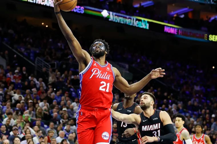 Joel Embiid Red Philadelphia 76ers Game-Used #21 Statement Jersey Worn  During the Fourth Quarter of the Game vs. Miami Heat on May 8 2022 - Size  54+4