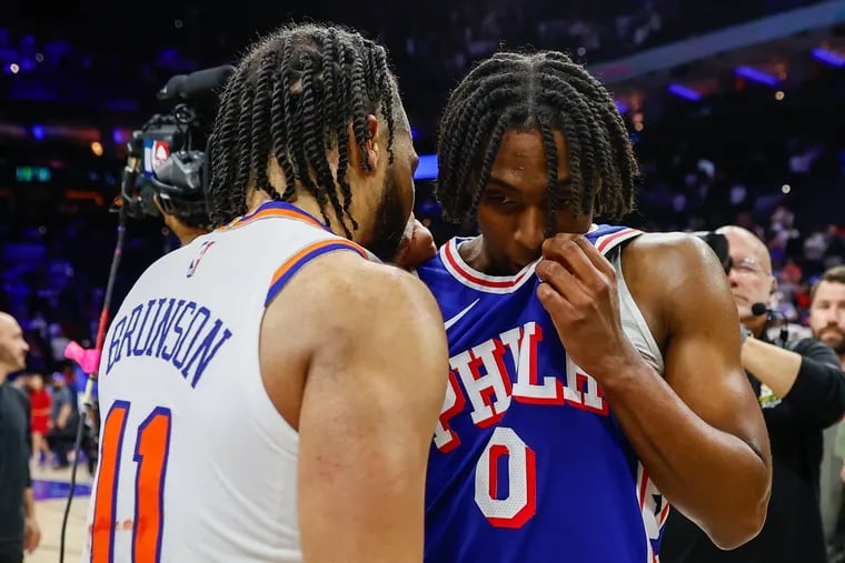 Sixers Tyrese Maxey with the Knicks' Jalen Brunson after Game 6 in an NBA basketball first-round playoff series, Thursday, May 2, 2024, in Philadelphia. Knicks win, 118-115.