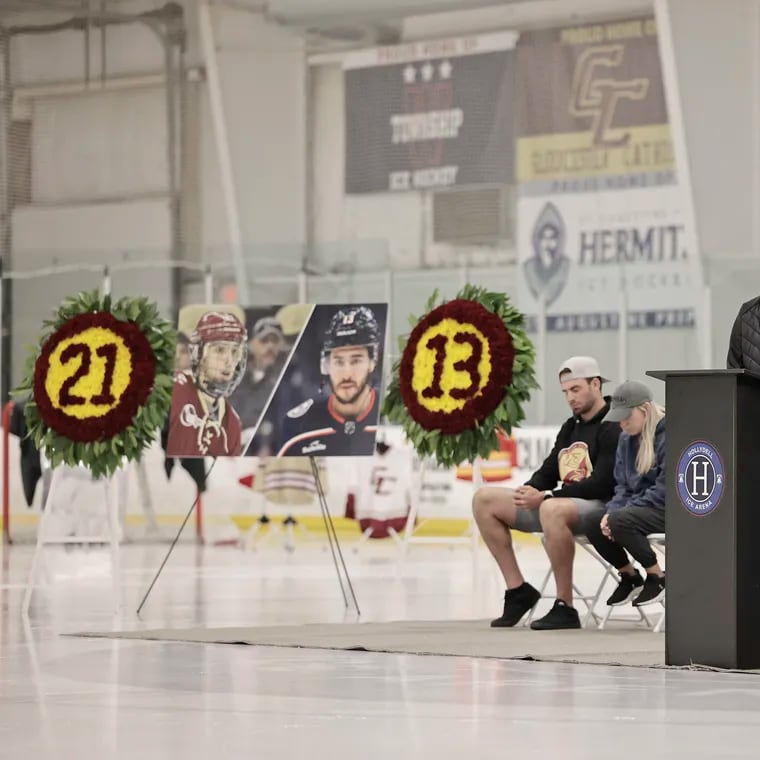 The Gaudreau family thanks the public as Matty and Johnny Gaudreau are honored before the Philadelphia Rebels' home opener on Friday at Hollydell Ice Arena in Sewell, N.J.