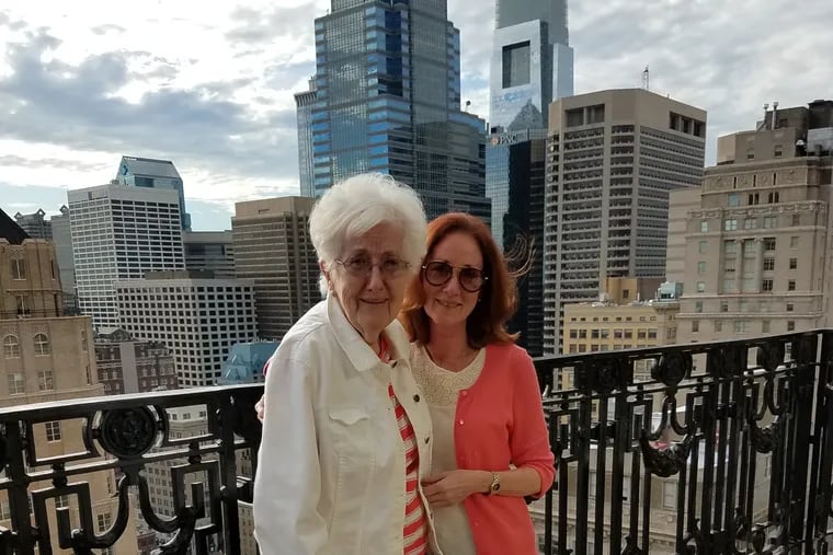 The author, together with her mother, Audrey, in healthier times (June 2017), on the balcony of XIX at the Hyatt at the Bellevue, Philadelphia, the weekend of Audrey’s 80th birthday celebration.