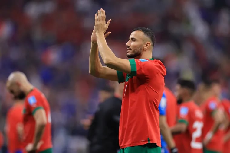 Romain Saiss of Morocco looks dejected after elimination from the tournament during the FIFA World Cup Qatar 2022 semifinal match between France and Morocco at Al Bayt Stadium on December 14, 2022 in Al Khor, Qatar. (Photo by Buda Mendes/Getty Images)