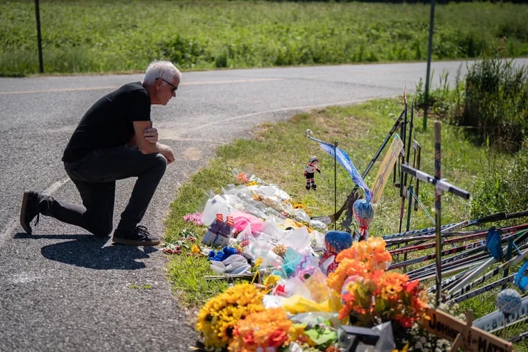 Richie Mathers, an Assistant Coach on a youth team that Johnny Gaudreau played for, visits the memorial for brothers Johnny and Matthew Gaudreau, where the accident happened, in NJ.