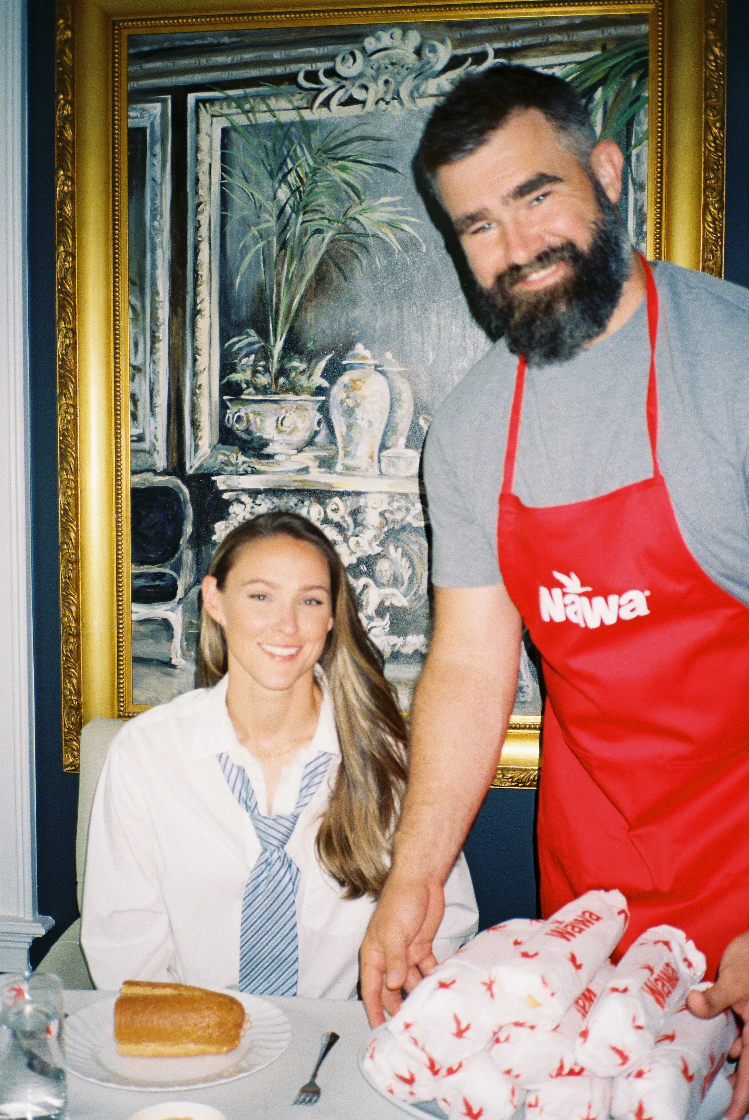 Kylie Kelce (left) and her husband Jason on the set of Wawa's new commercial starring the famous Philly duo.