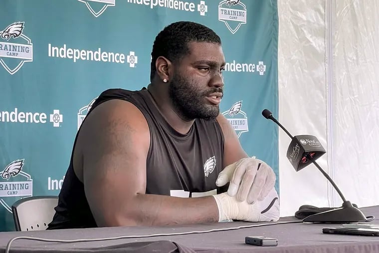 Eagles offensive lineman Mekhi Becton is competing for a job at training camp.