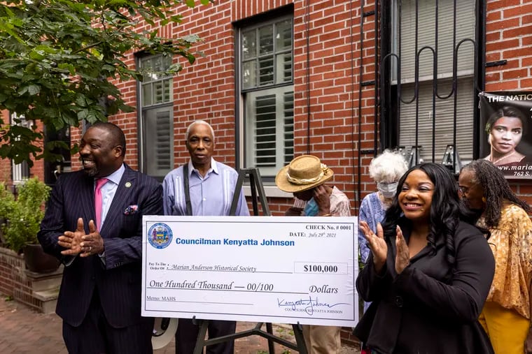 Philadelphia City Councilmember Kenyatta Johnson and Marian Anderson Museum and Historical Society CEO Jillian Patricia Pirtle gathered Thursday with board members and a ceremonial $100,000 check to the Marian Anderson museum.
