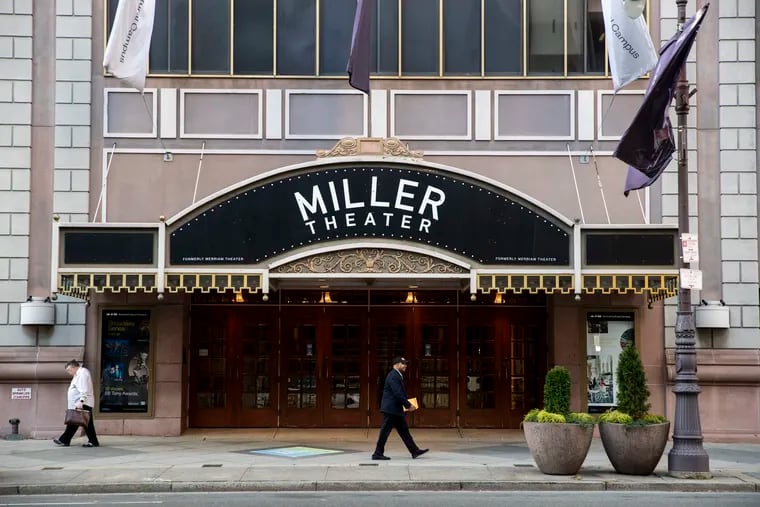The exterior of the Miller Theater on South Broad Street, Nov. 7, 2022. The Miller, formerly the Merriam Theater, is under renovation. Here the theater's temporary marquee is shown. A new one is being designed and is expected to be in place by summer.