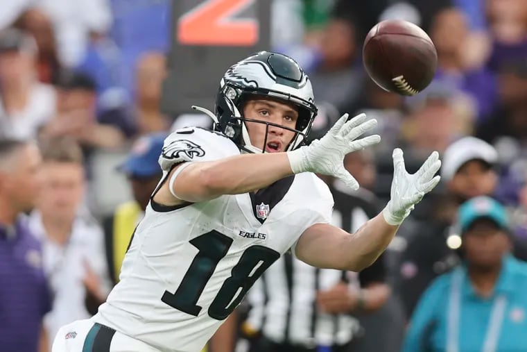 Eagles wide receiver Britain Covey catches the football against the Baltimore Ravens on Aug. 9.