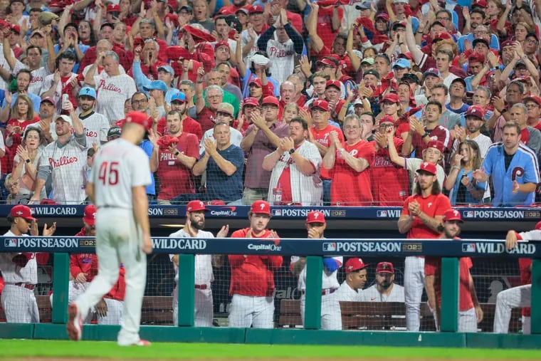 Phillies fans at Citizens Bank Park cheering for starter Zack Wheeler during the wild-card round last Oct. 3.