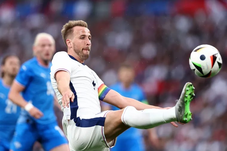 Harry Kane of England controls the ball during the international friendly match between England and Iceland at Wembley Stadium on June 07, 2024 in London, England. (Photo by Alex Pantling/Getty Images)