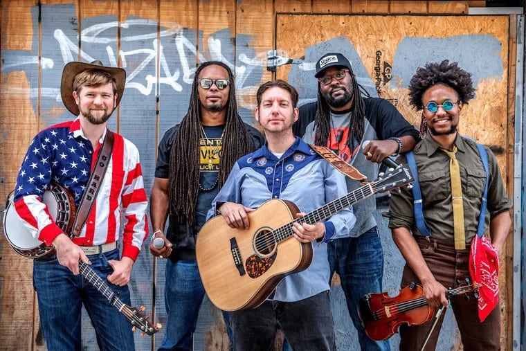 Gangstagrass, left to right, Dan "Danjo" Whitener, Dolio the Sleuth, Rench, R-SON the Voice of Reason and the band's former fiddle player B.E. Farrow. The band headlines the Philadelphia Folk Festival on Friday August 16.