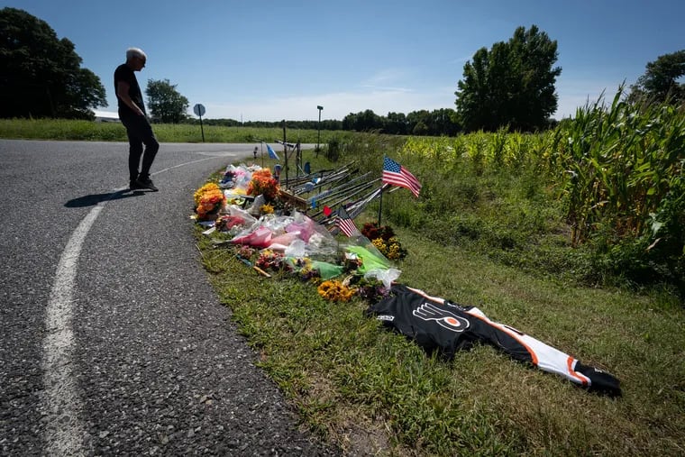 Richie Mathers, an Assistant Coach on a youth team that Johnny Gaudreau played for, visits the memorial for brothers Johnny and Matthew Gaudreau, where the accident happened, in NJ, September 4, 2024.