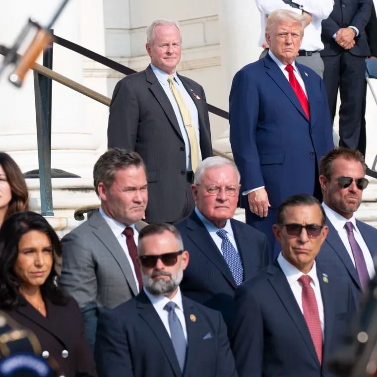 Former President and Republican presidential nominee Donald Trump watches the changing of the guard at the Tomb of the Unknown Solider at Arlington National Cemetery, Monday, Aug. 26, 2024.