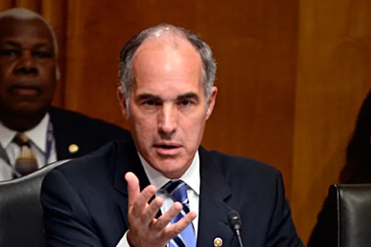 Sen. Bob Casey at a foreign relations hearing. He says voters know him well enough not to buy the &quot;Senator Zero&quot; tag. TOM GRALISH / Staff Photographer