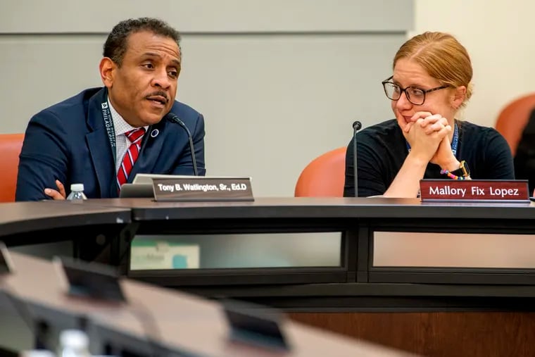 School District of Philadelphia superintendent Tony B. Watlington, Sr. and school board vice president Mallory Fix-Lopez are shown in a March, 2023 board meeting. Both Watlington and Fix-Lopez expressed deep grief over the shooting of eight Northeast High students.