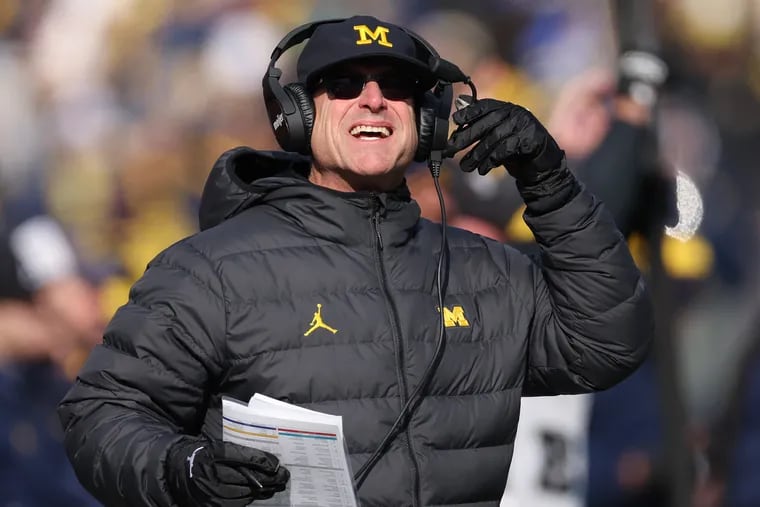 Michigan Wolverines head coach Jim Harbaugh has his team in the Big Ten championship game for the second straight season, this time with a perfect 12-0 record. Harbaugh and the Wolverines are favored by 17 points against Purdue on Saturday in Indianapolis. (Photo by Gregory Shamus/Getty Images)